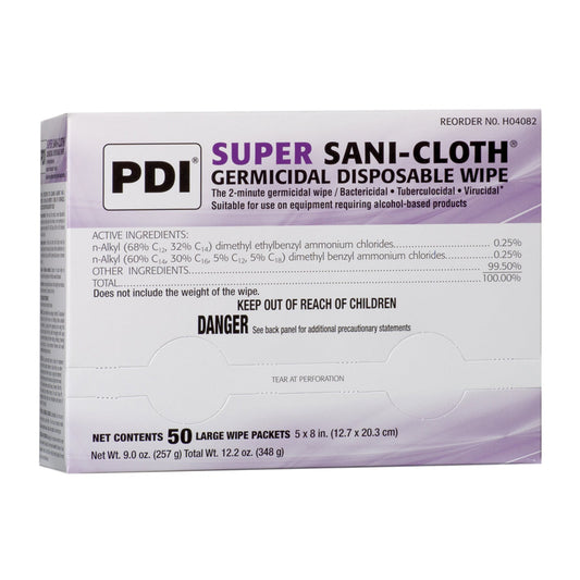 PDI Germicidal Disposable Wipe, Large, Individual, Boxed, 5" x 8", 50/bx