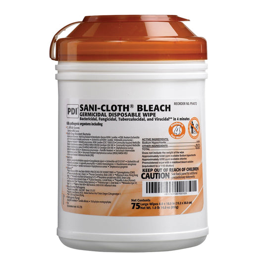 PDI Bleach Germicidal Disposable Wipe, Large, 6" x 10½", 75/canister