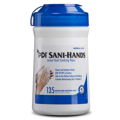 PDI Sani-Hands® Instant Hand Sanitizing Wipes, Medium Canister, 6" × 7.5", 135 Wipes (P13472)
