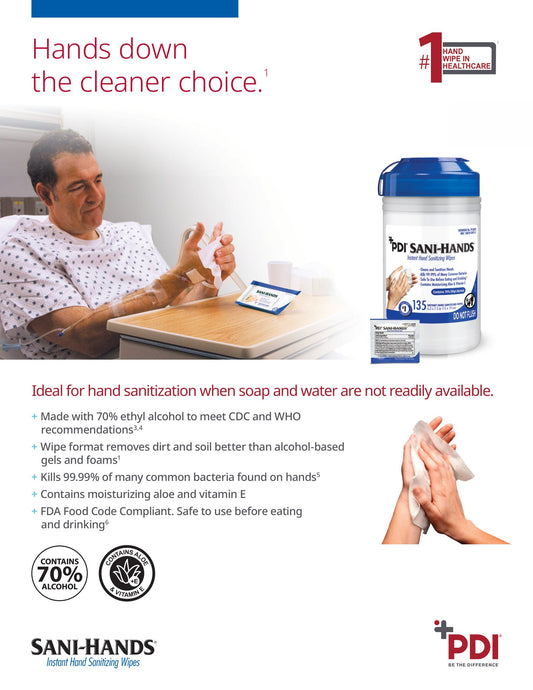 PDI Sani-Hands® Instant Hand Sanitizing Wipes, Medium Canister, 6" × 7.5", 135 Wipes (P13472)